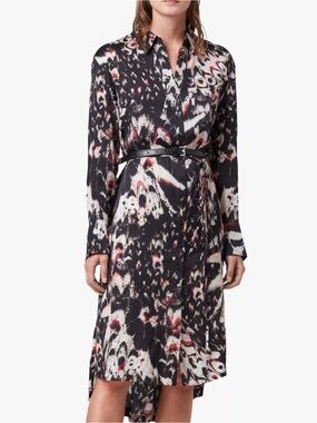 Allsaints Women's Black Abstract Print Shirt Dress with Pink Accents